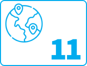 Blue globe icon representing 11 international office locations