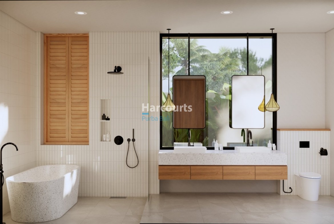 Bingin Villa Bathroom Timber Accents Speckled Countertops