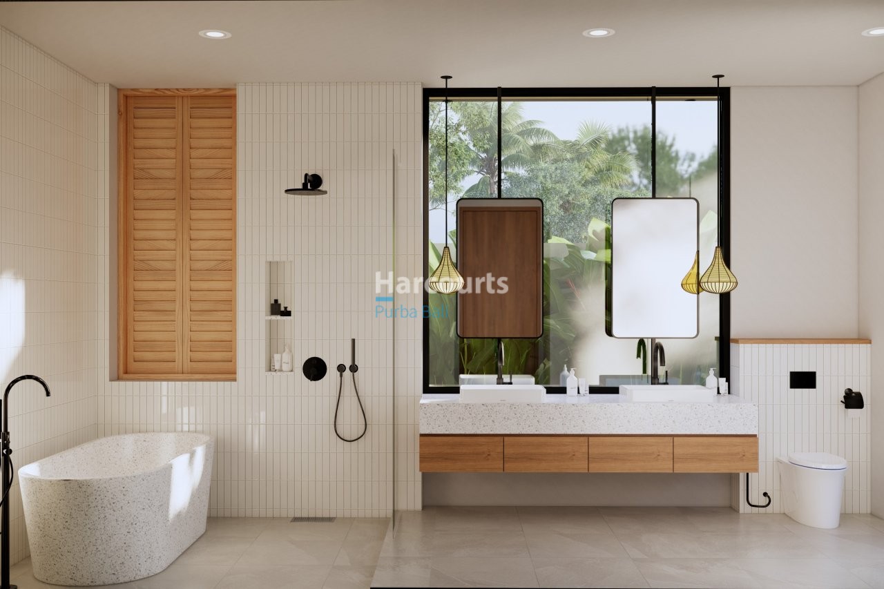 Bingin Villa Bathroom Timber Accents Speckled Countertops