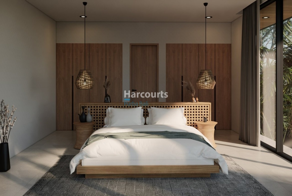 Bingin Villa Bedroom Woven Pendant Lights Wood Cabinetry