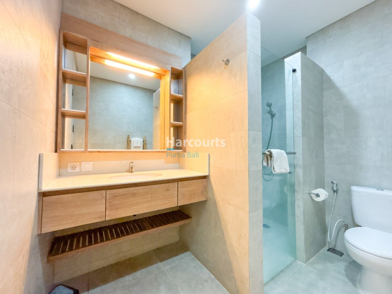 Jimbaran Apartment Bathroom Wooden Vanity Walk In Shower