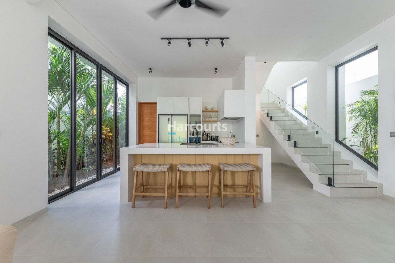 Pererenan Villa White Kitchen Glass Staircase Outdoor Views