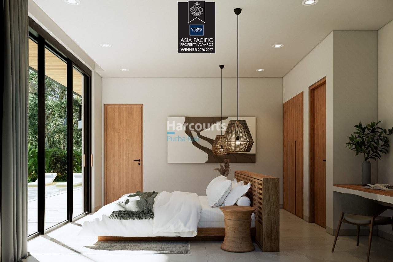 Bingin Bali Villa Bedroom Woven Pendant Lighting Wooden Bedframe