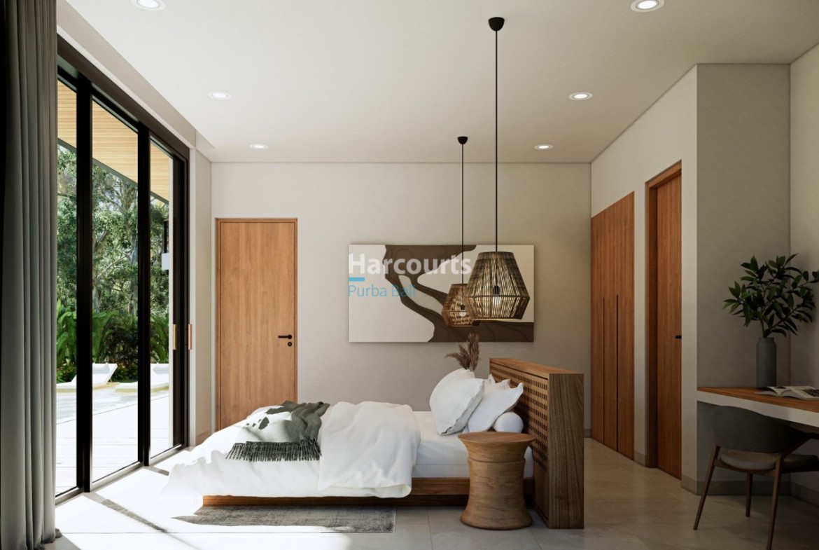 Bingin Bali Villa Bedroom Woven Pendant Lighting Wooden Bedframe