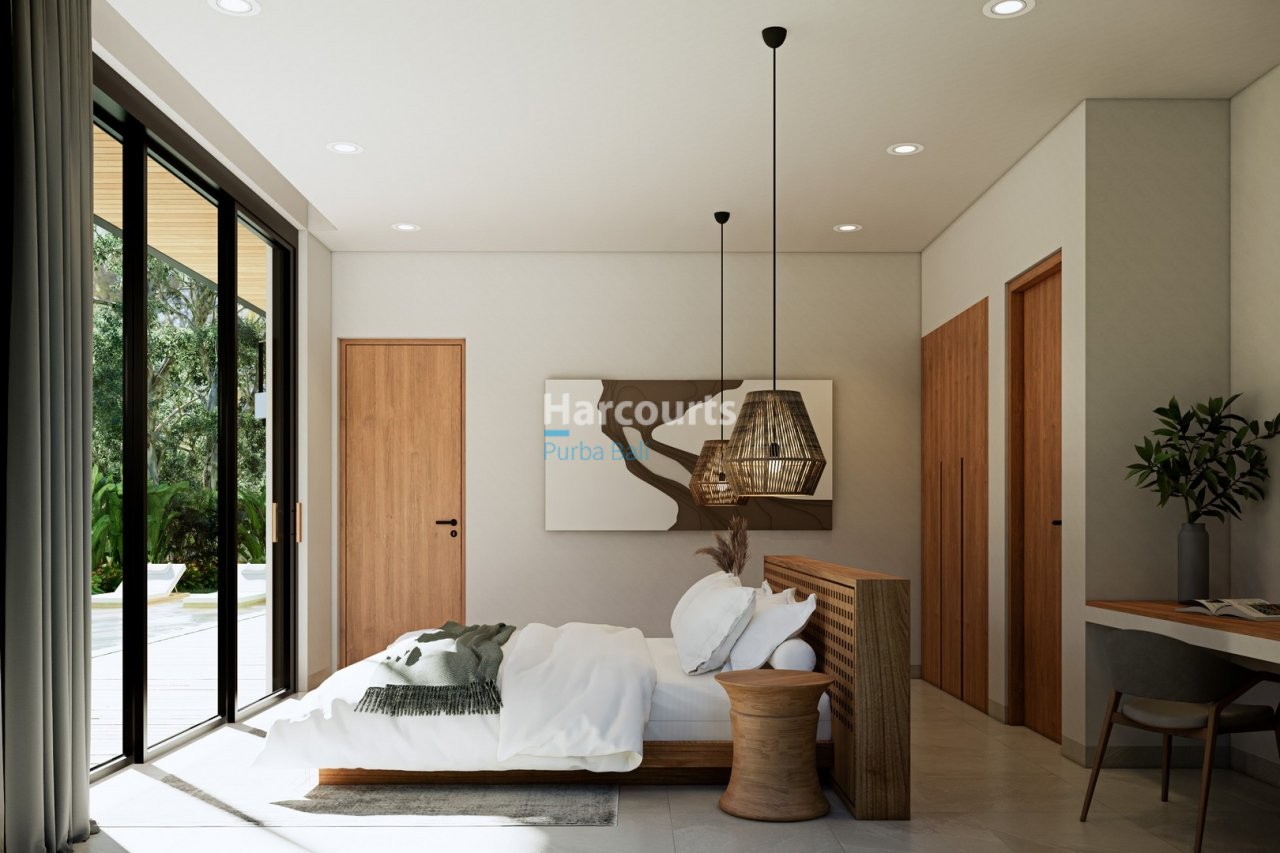 Bingin Bali Villa Bedroom Woven Pendant Lighting Wooden Bedframe