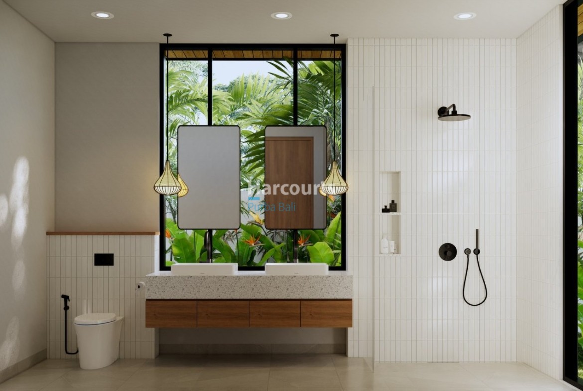 Bingin Villa Bathroom Double Basin Black Fixtures Jungle View