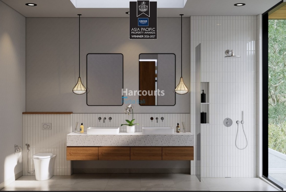 Bingin Villa Bathroom Double Sink Rattan Pendant