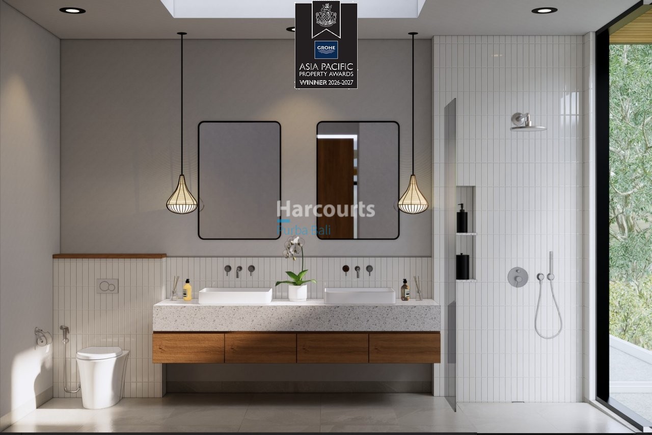 Bingin Villa Bathroom Double Sink Rattan Pendant