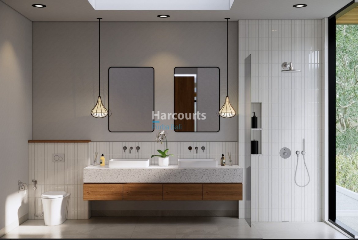 Bingin Villa Bathroom Double Sink Rattan Pendant