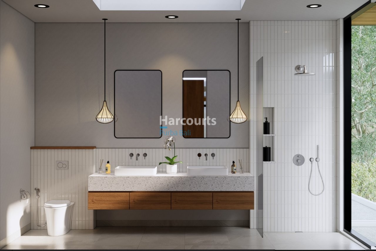 Bingin Villa Bathroom Double Sink Rattan Pendant