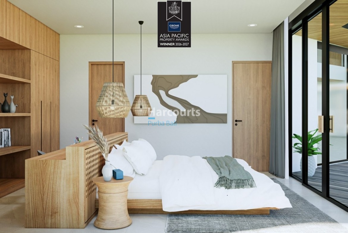 Bingin Villa Bedroom Woven Pendant Lights Wooden Furniture