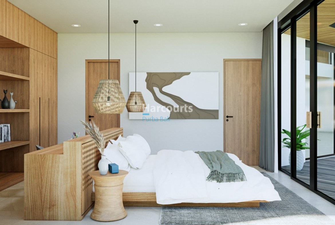 Bingin Villa Bedroom Woven Pendant Lights Wooden Furniture