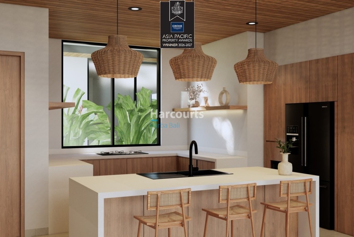 Bingin Villa Kitchen Rattan Pendants Black Sink