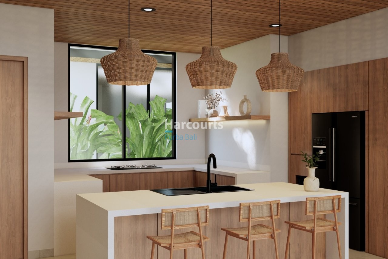 Bingin Villa Kitchen Rattan Pendants Black Sink