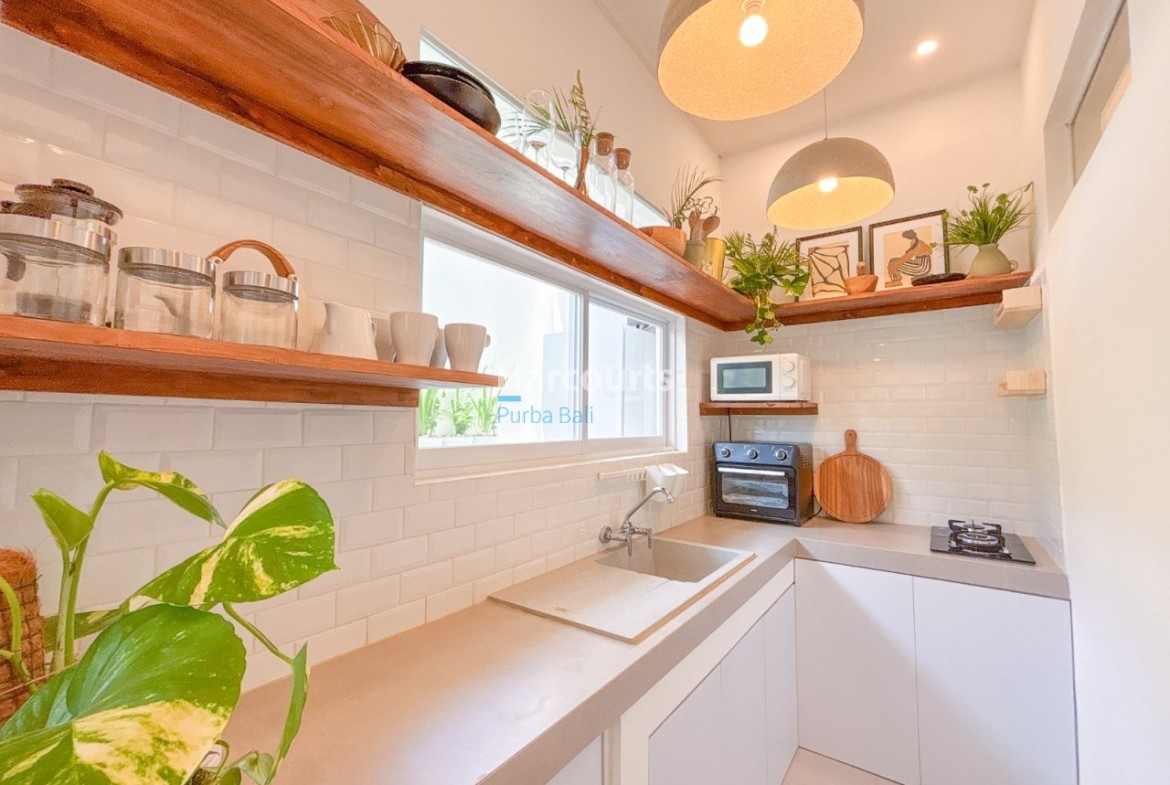 Berawa Villa Kitchen Wooden Shelves White Tile