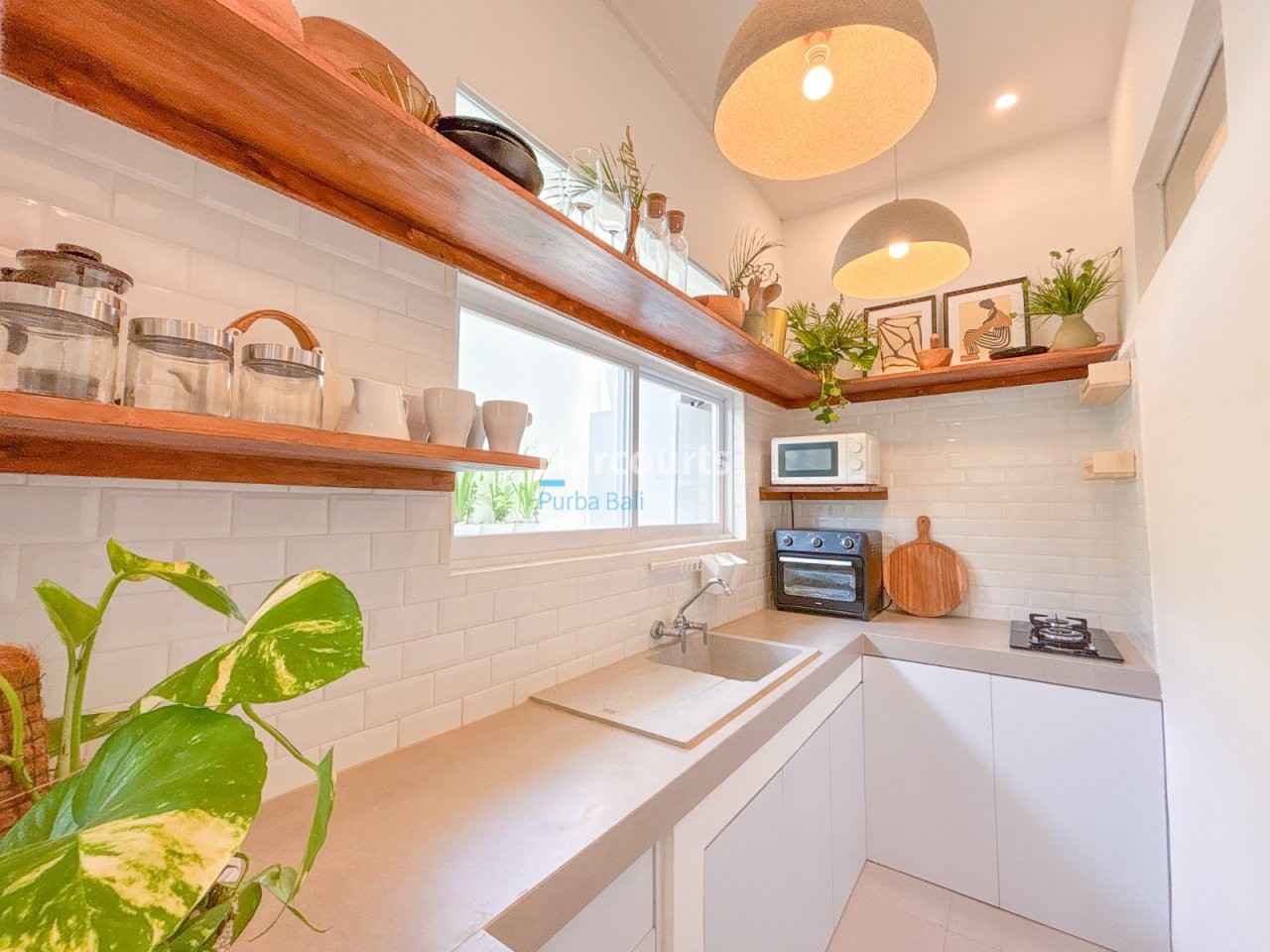 Berawa Villa Kitchen Wooden Shelves White Tile